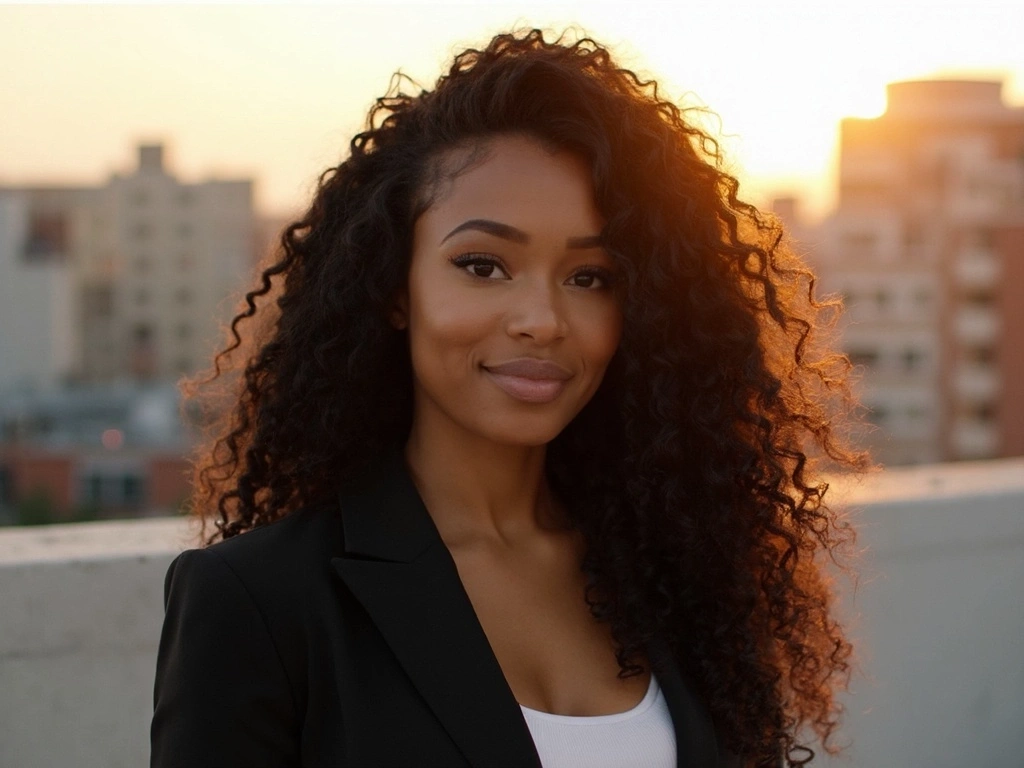 African American woman wearing a Sincerely4u long deep curly Cornrow Braids Wig in studio