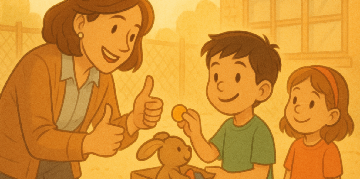 Teacher giving a child a reward token in a sunny schoolyard, positive reinforcement shown in illustration