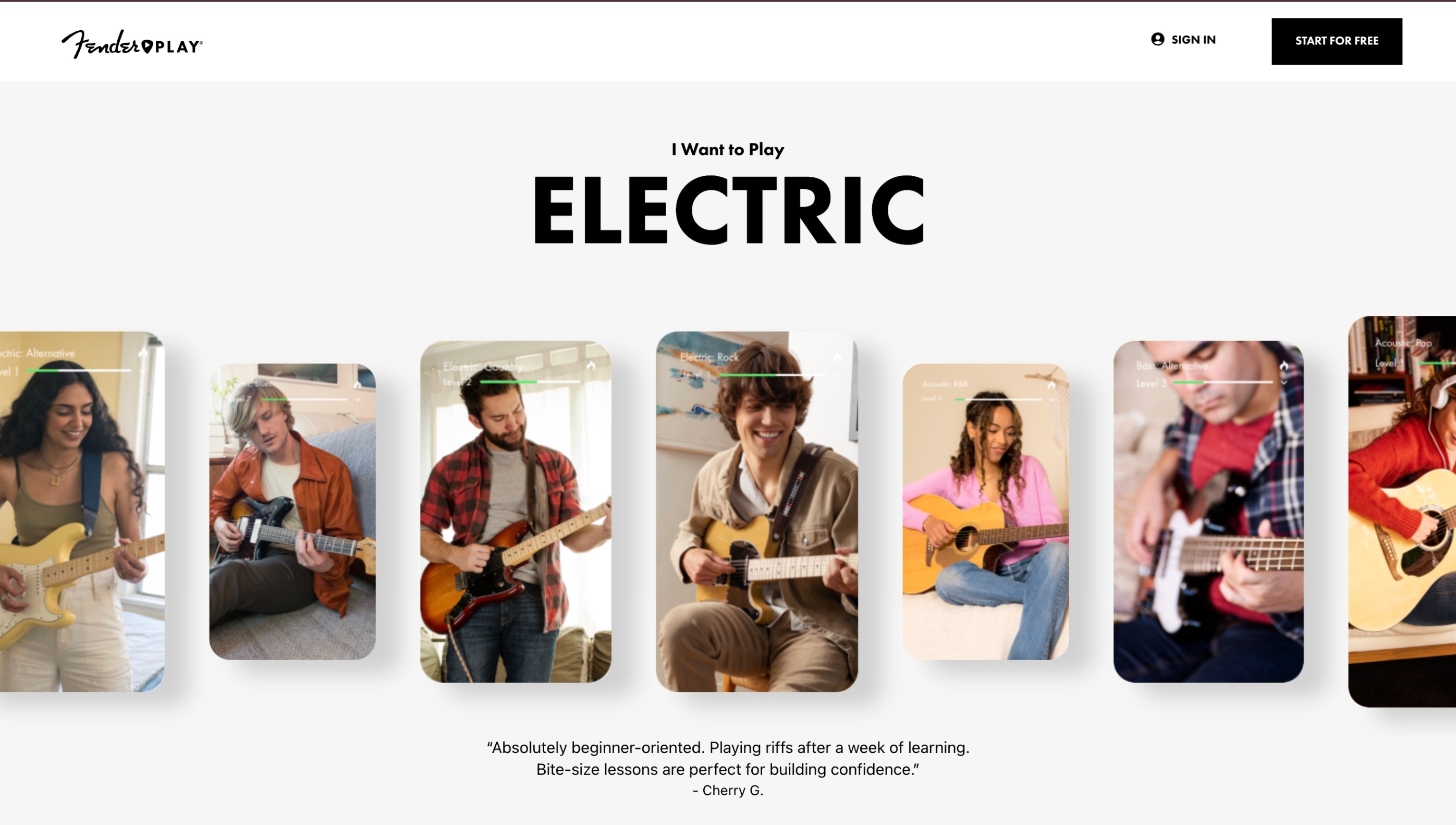 Screenshot of Fender website