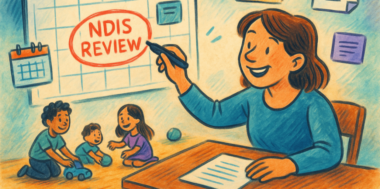 Parent marking an NDIS review date on a calendar while children play nearby, symbolising organisation and stress-free planning