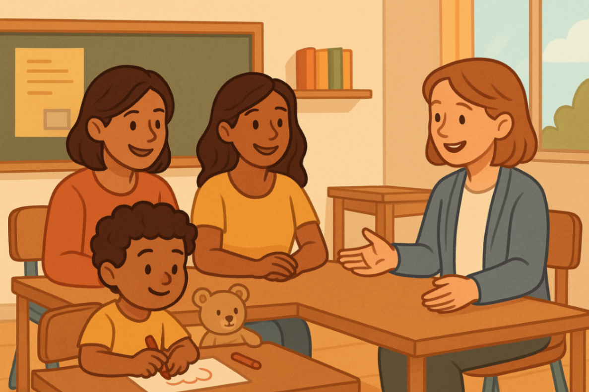 A parent, teacher, and behavioural therapist having a collaborative NDIS support meeting in a Liverpool school while a child draws nearby.