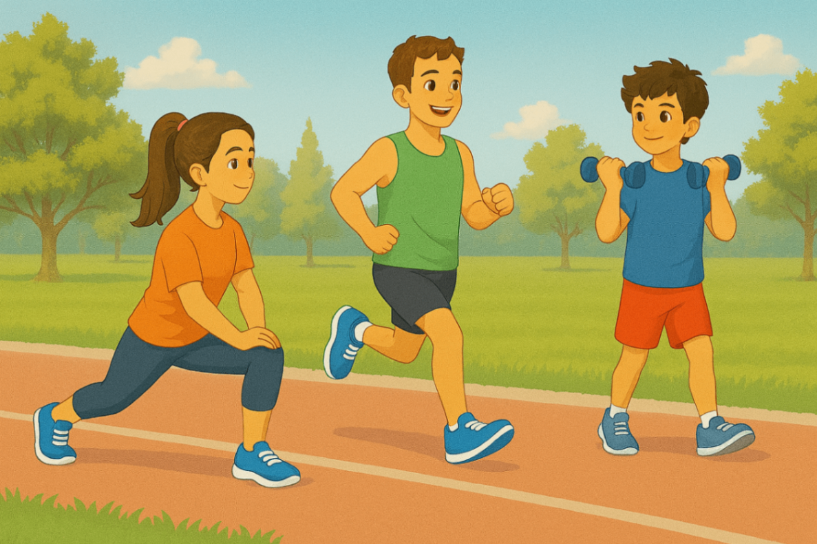 Group of children exercising together, promoting strength, coordination, and healthy development