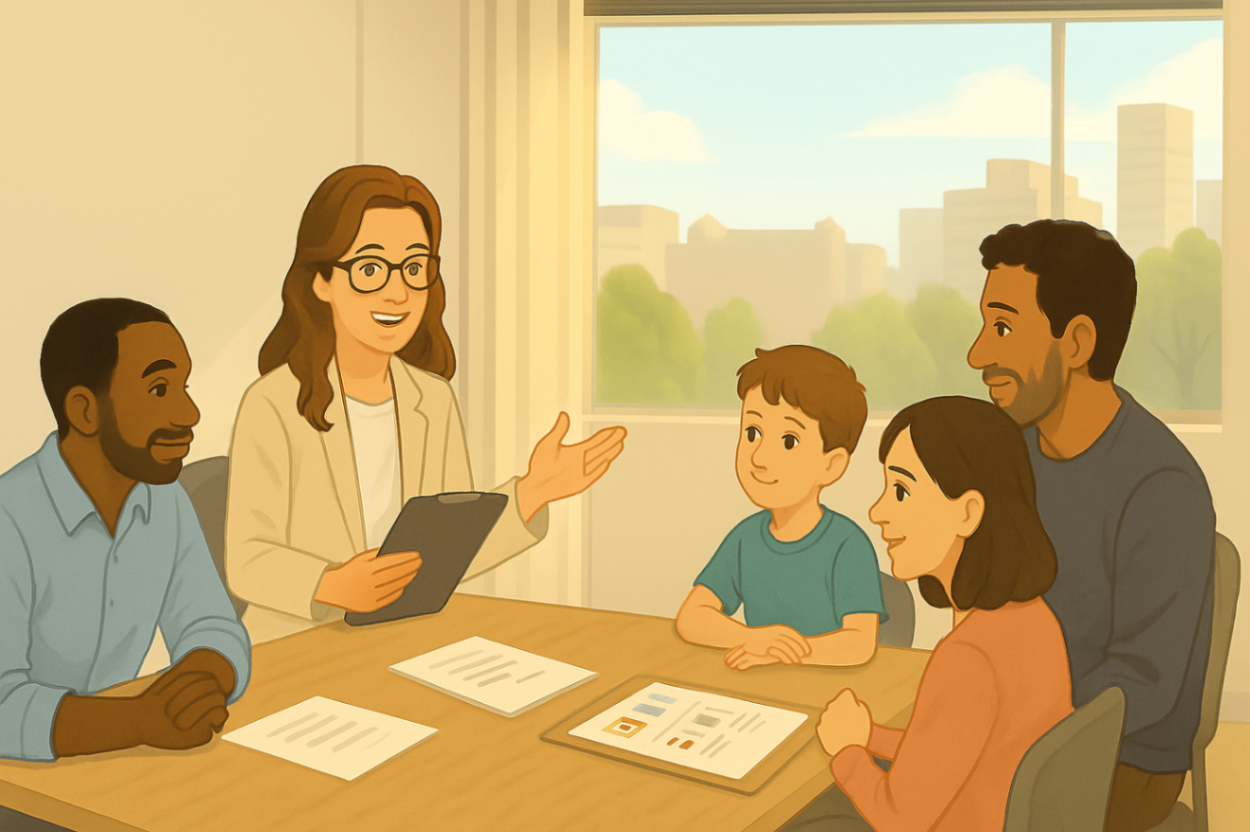 A digital illustration of the DAAR Liverpool behaviour support team meeting with a family in a well-lit clinic, depicting collaboration and care.
