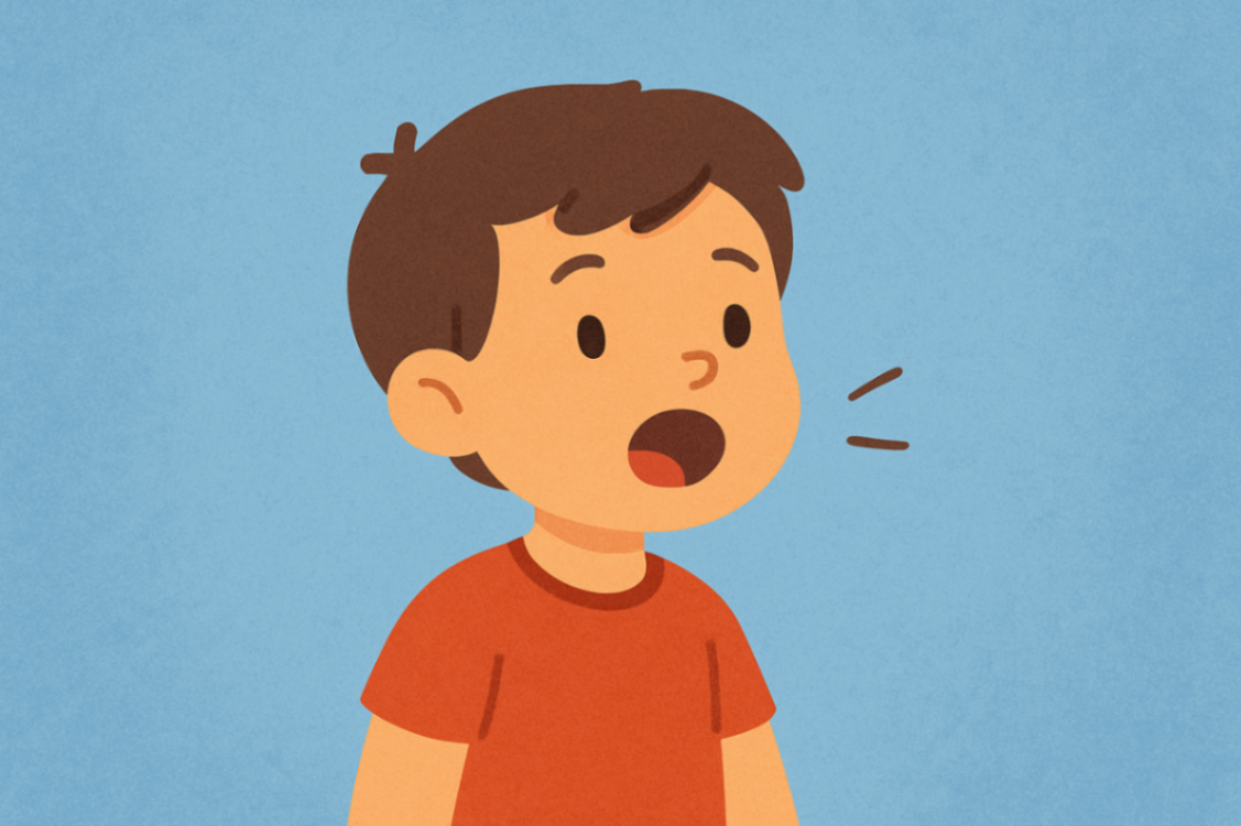 Young child speaking, possibly during a speech therapy session