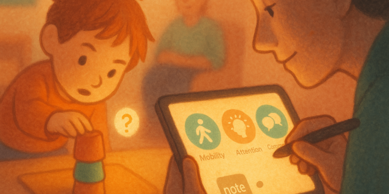 Child completing a play task while clinician times and notes functional impact on a glowing tablet; icons show mobility, attention and communication
