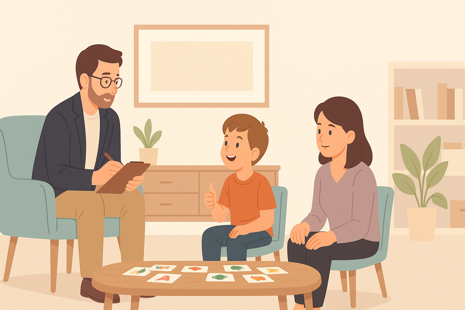Parent and child in a behavioural therapy consultation with a therapist, discussing treatment options like CBT and ABA.