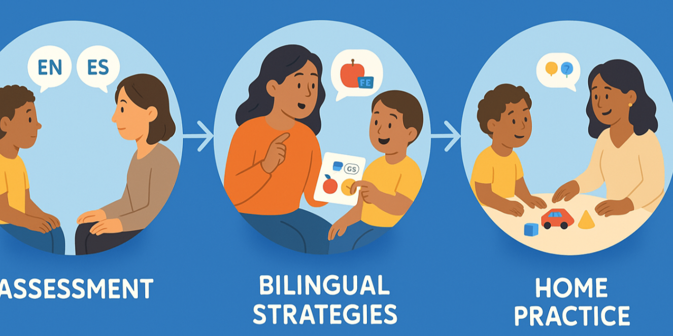 "Infographic vignettes for assessment, bilingual strategies and home practice connected by arrows — bilingual speech therapy insights.