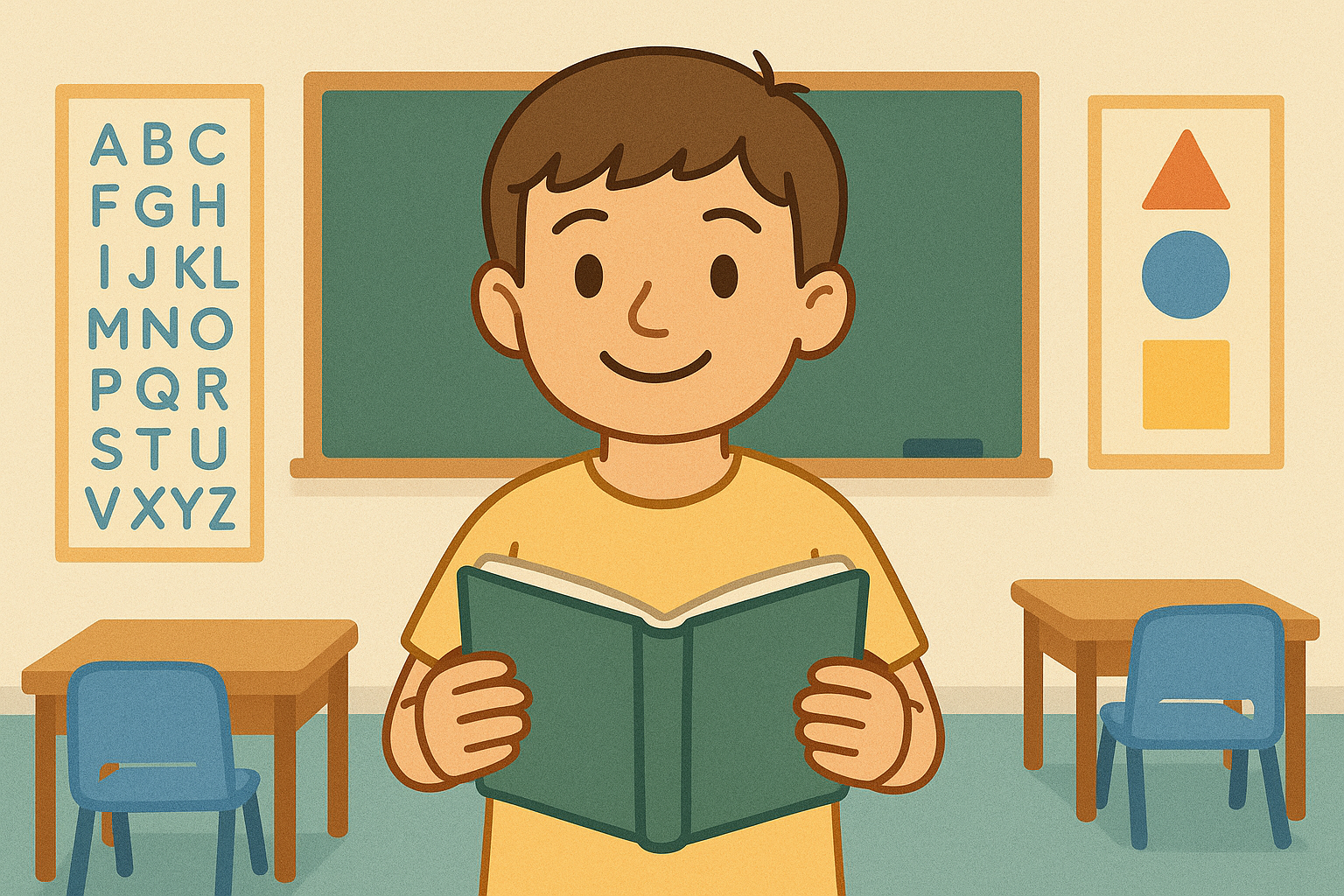 Child standing in a classroom holding a book with confidence, symbolising learning progress and self-esteem supported by NDIS Specialised Behaviour Support.