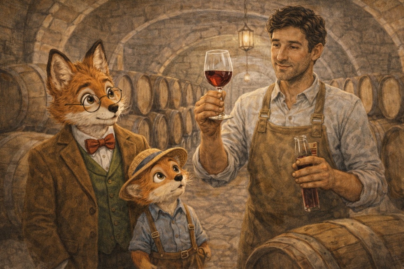 cellar scene with winemaker and barrels 