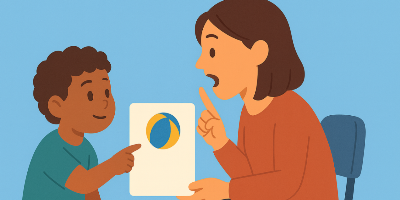 "Child pointing to a dual-language picture board while the therapist models pronunciation — bilingual speech therapy techniques
