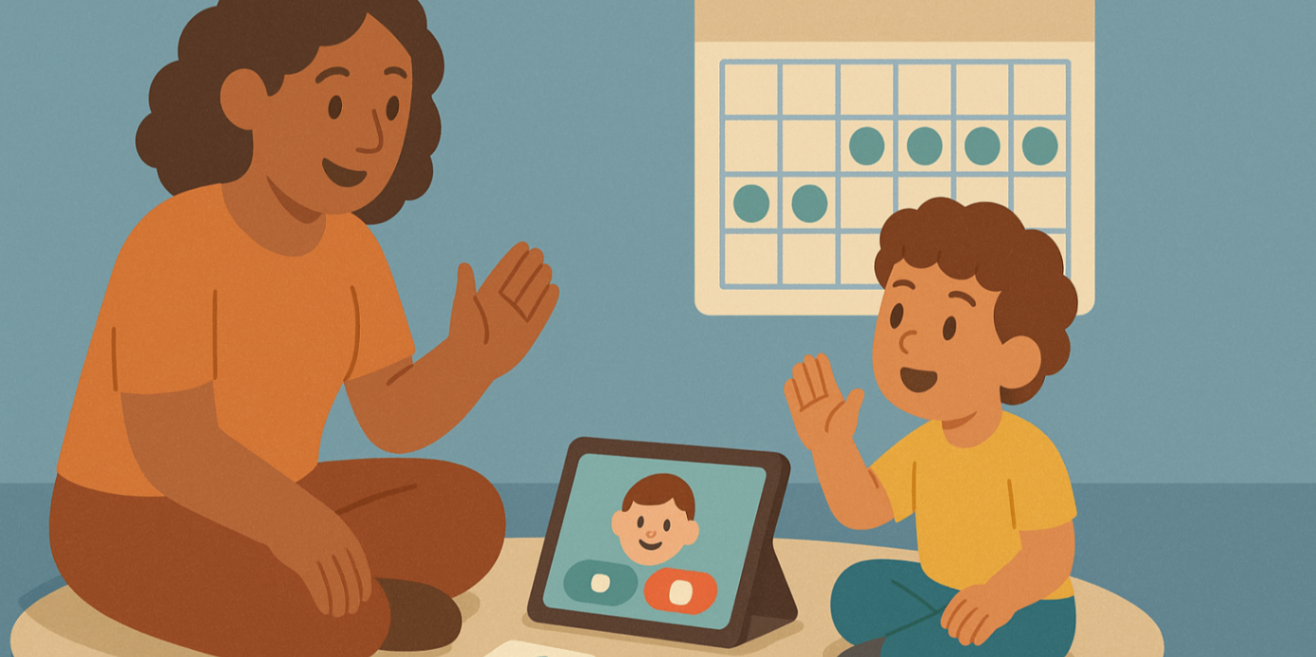 Parent and child doing home practice with a tablet speech app and laminated prompt cards; sticker chart on the wall — home speech practice.
