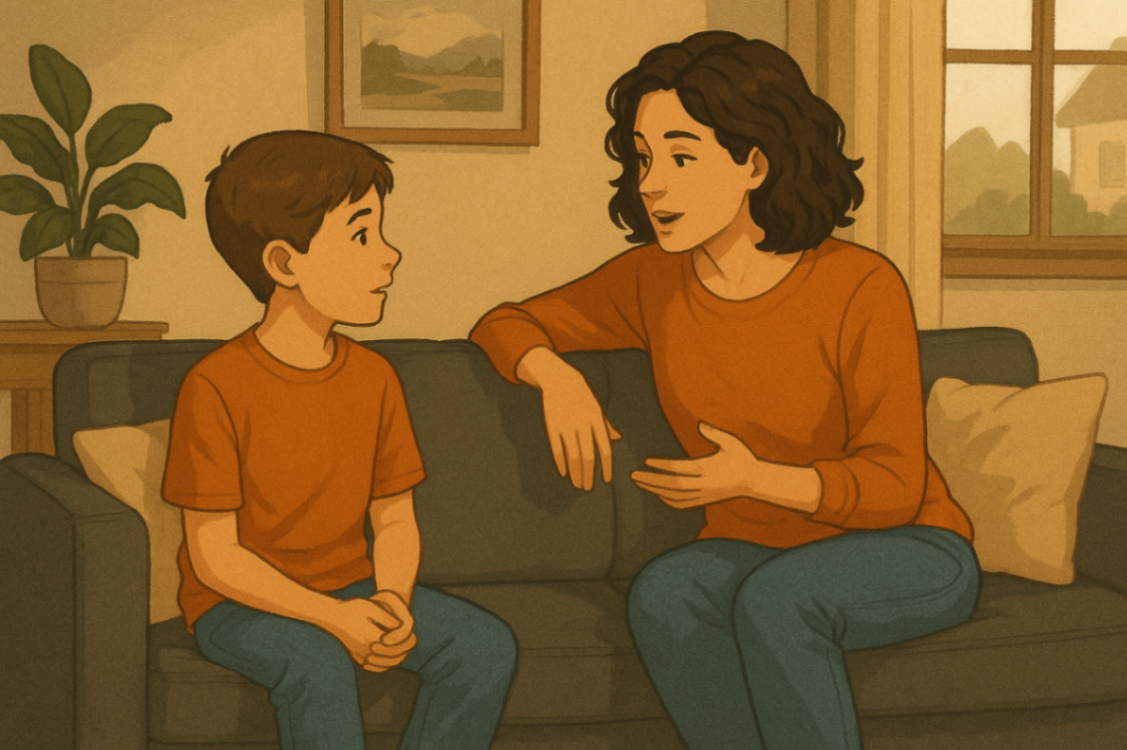 A parent and child sitting on a couch at home, discussing their upcoming behaviour support appointment in a relaxed setting.