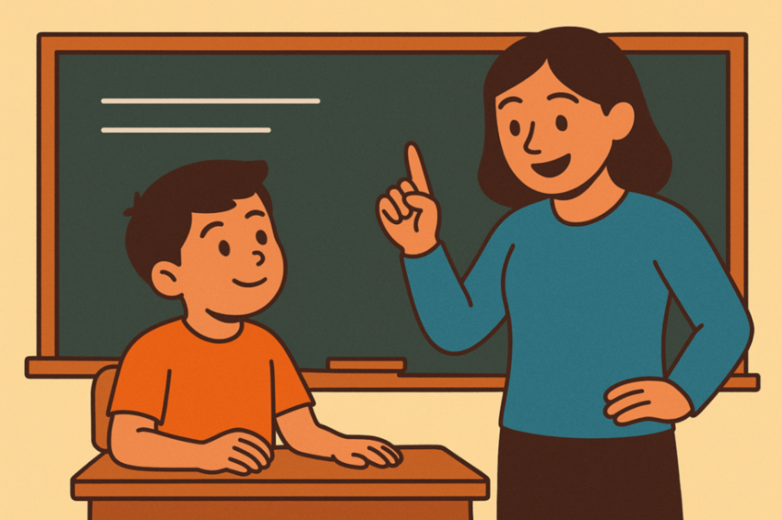 A teacher and student discussing a school-based behaviour support plan near a classroom blackboard.