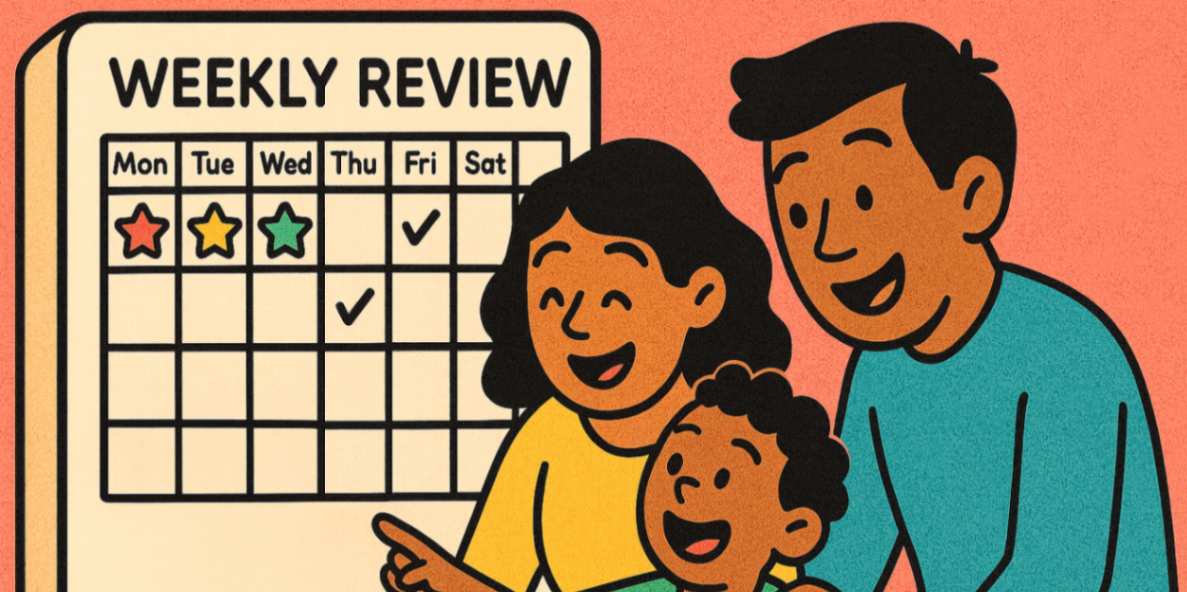 Parent, child and therapist-on-tablet reviewing a fridge-style weekly chart with stickers and tick marks — weekly speech therapy progress review