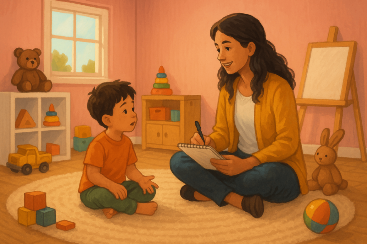 Child and therapist engaging in positive behaviour support (PBS) session in a playroom filled with toys – early intervention under NDIS.