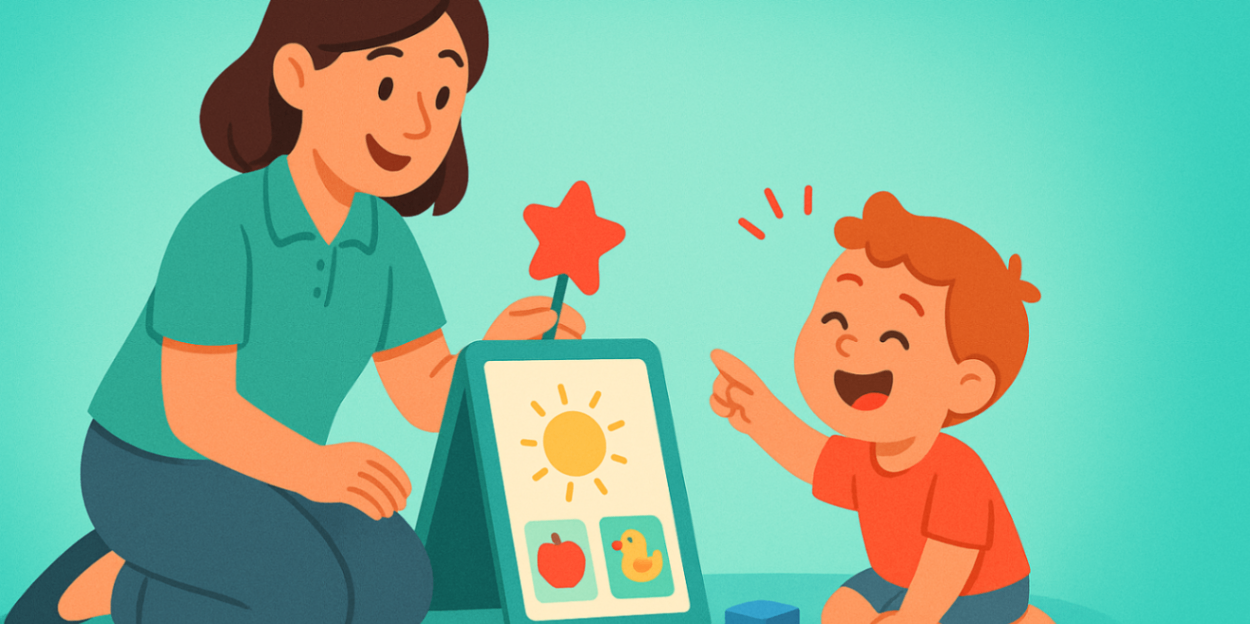 Play-based assessment with a speech pathologist kneeling and child pointing at colourful picture cards — specialised speech therapy