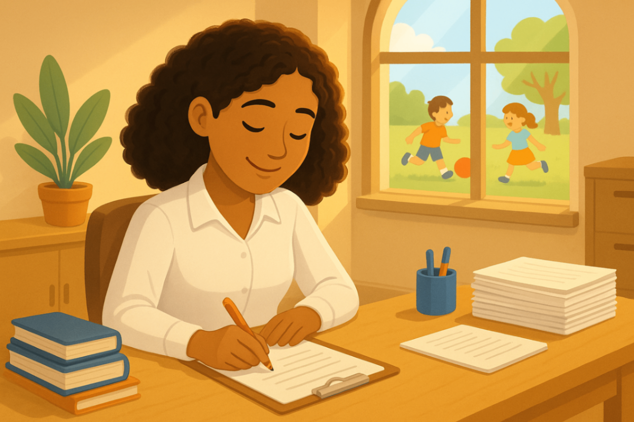 	A woman writing on a document in a sunlit office, illustrating focused NDIS plan management tasks in a professional setting.