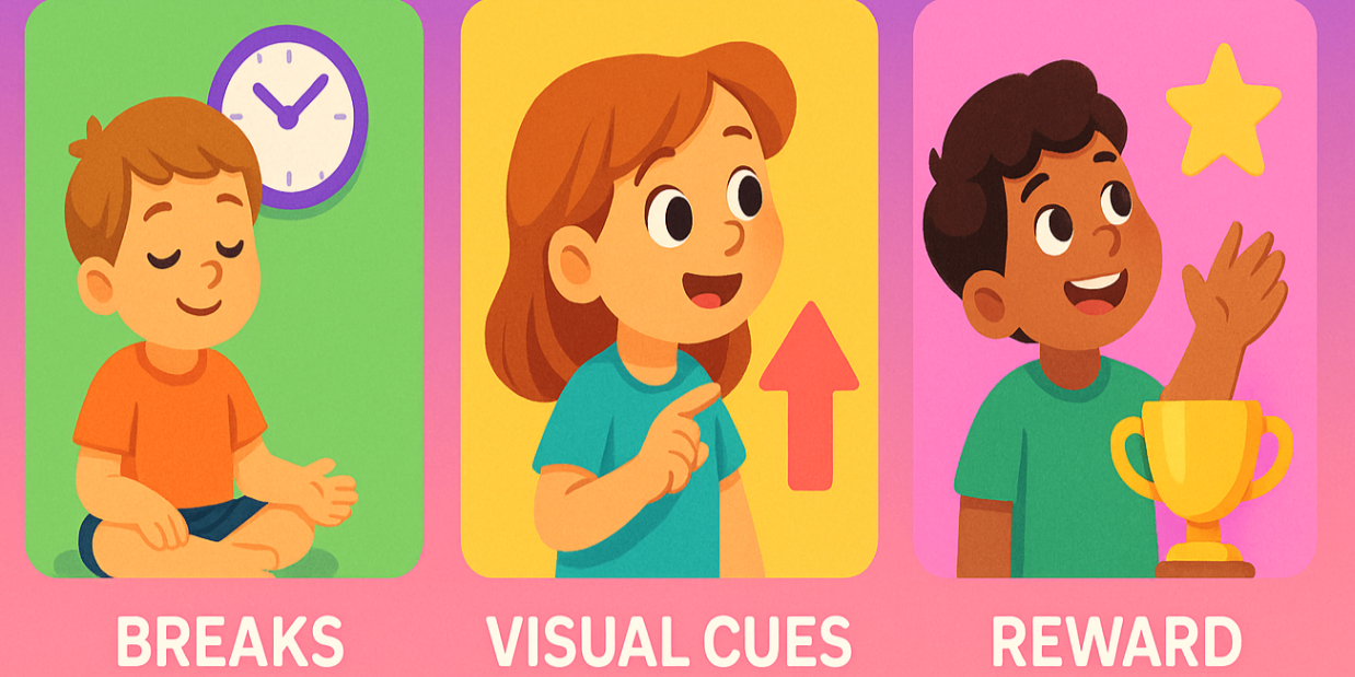 colourful checklist illustrating routine, breaks, visual cues and rewards — quick ADHD behaviour strategies for parents
