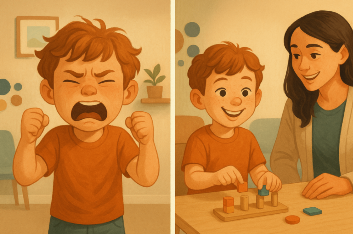 Split image showing a child during a behavioural outburst on one side, and calmly interacting with a therapist on the other—highlighting progress through specialised behaviour support.