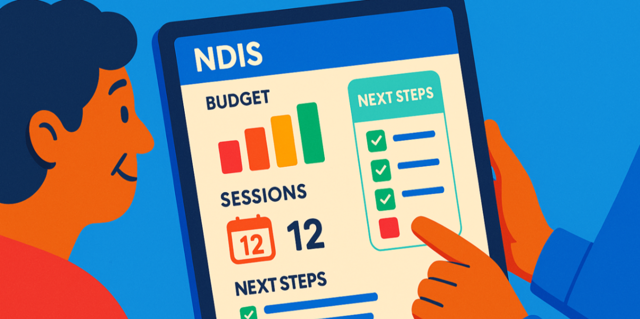 Tablet dashboard showing budget bars, session counts and next steps while a plan manager points — NDIS plan tracking