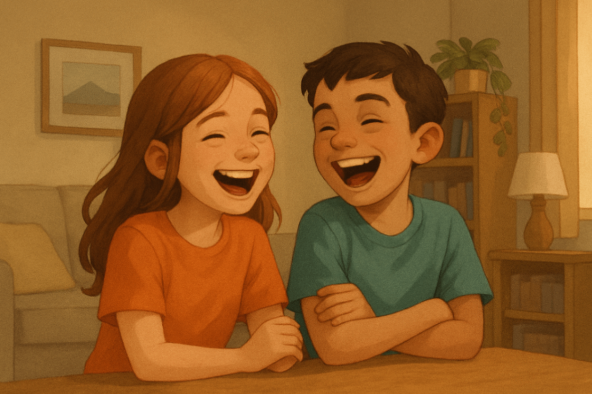 two siblings smiling and laughing at home, representing the benefits of NDIS behaviour therapy in improving relationships and daily routines.