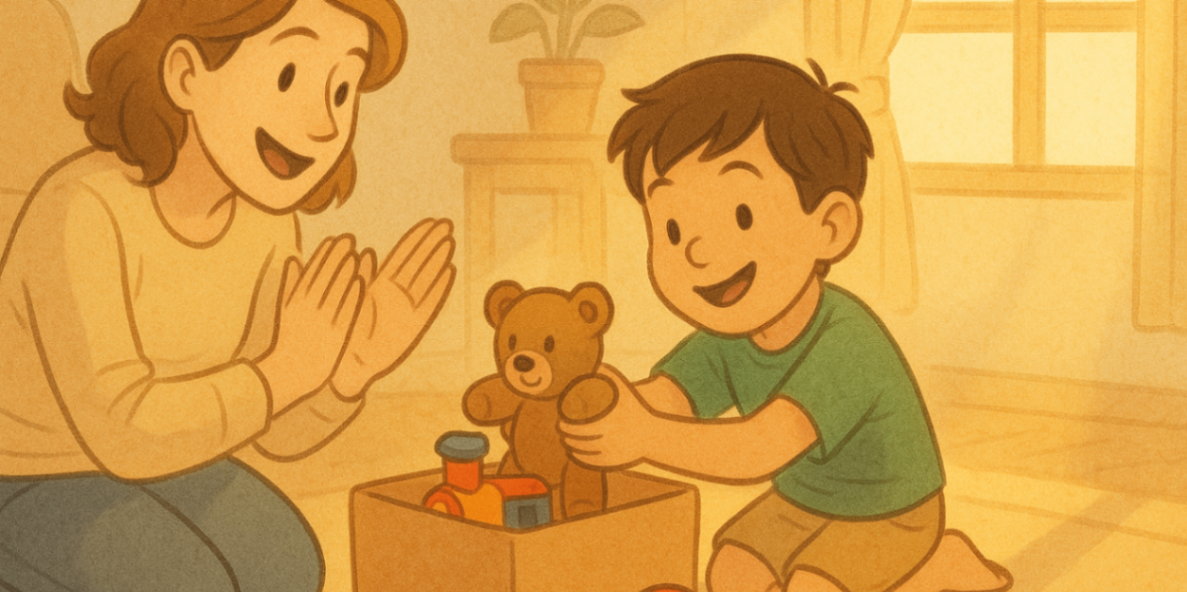 Child putting toys into a box while parent claps with encouragement, homely digital art style