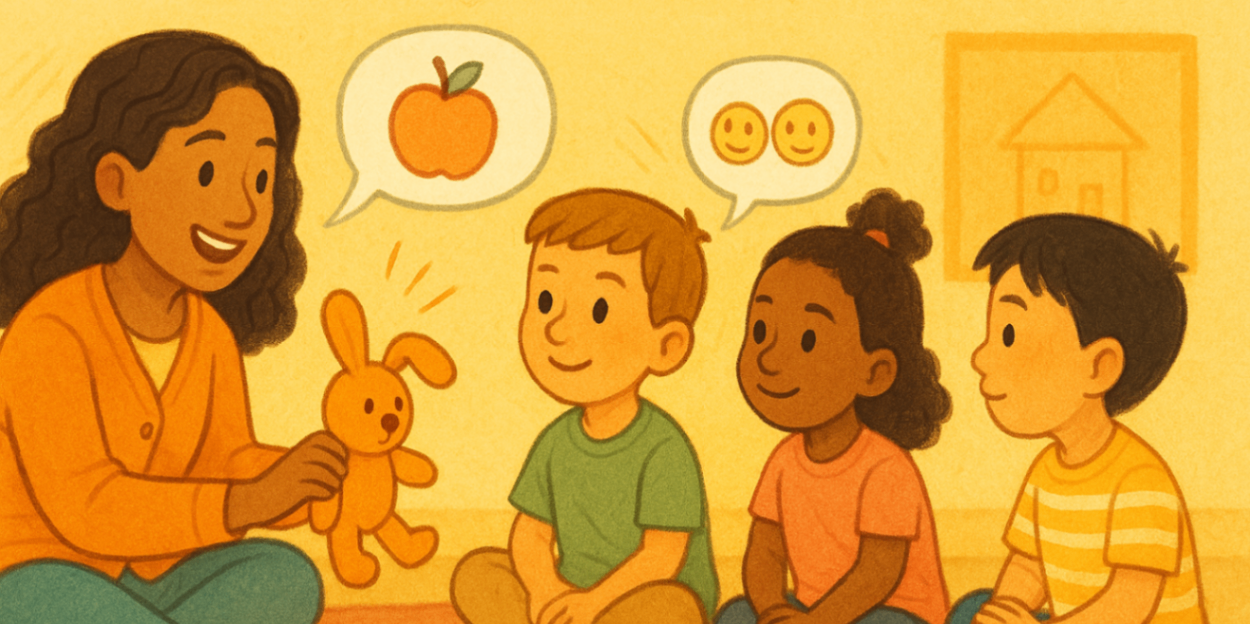 Speech therapist leading a small turn-taking circle with three children using a soft toy and picture cues — building social timing and listening skills.