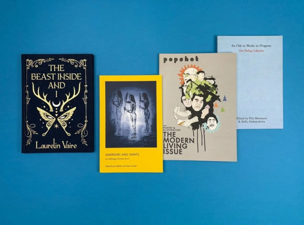 A selection of professionally printed books published by Ex Why Zed, displayed on a blue background.