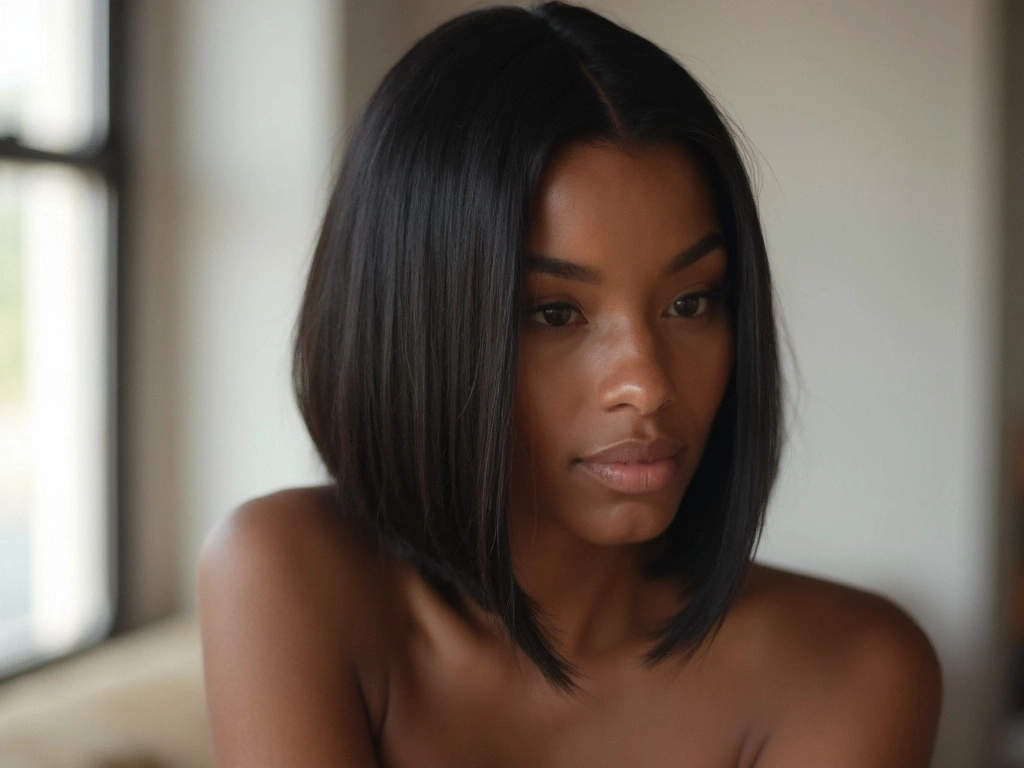 Sincerely4U sleek bob human hair wig on African American woman with serene expression.