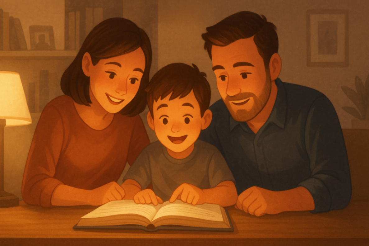 Family learning together through NDIS-funded parent training activities at home.