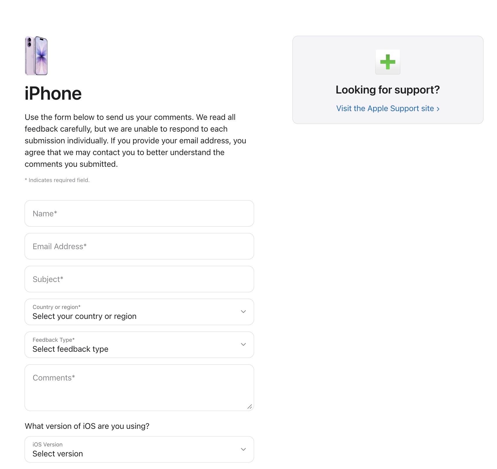 Screenshot of Apple feedback form