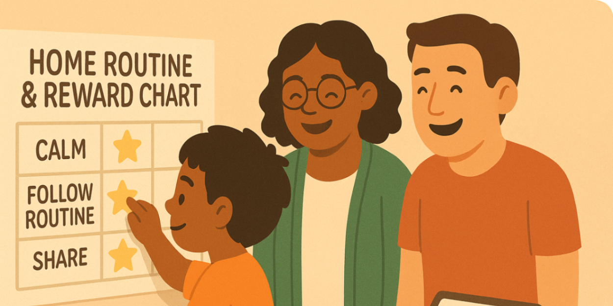 Child placing a star on a home reward chart while parent and therapist smile; tablet mirrors the chart — home routines reinforcing behaviour strategies.