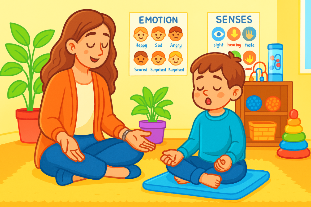 Behavioural therapist in Liverpool helping a child with autism practise deep breathing for emotional regulation during a specialised behaviour support session.