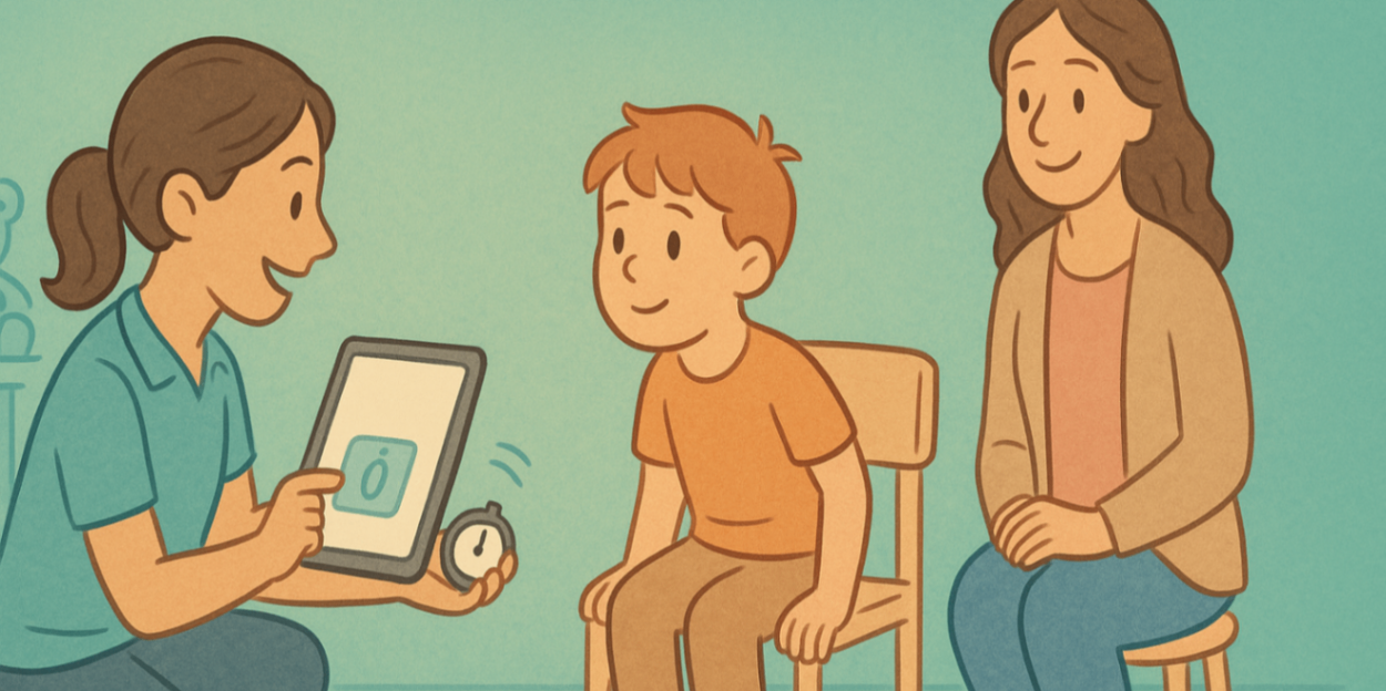 Exercise physiologist coaching a parent on simple home exercises (step-ups, ball balance) while parent practices with child — home program support.