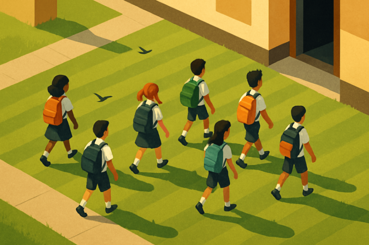Aerial view of children walking to class on a school lawn in Liverpool.