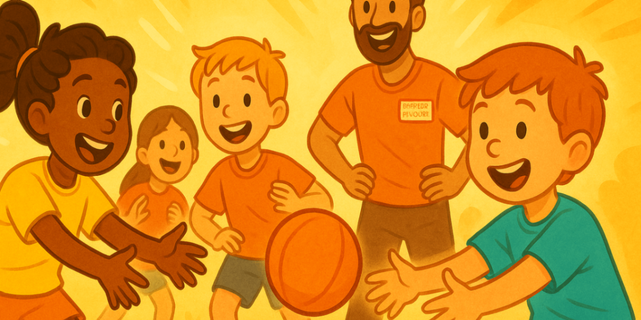 Children playing a team-based ball game with an exercise physiologist, building social skills through active therapy.
