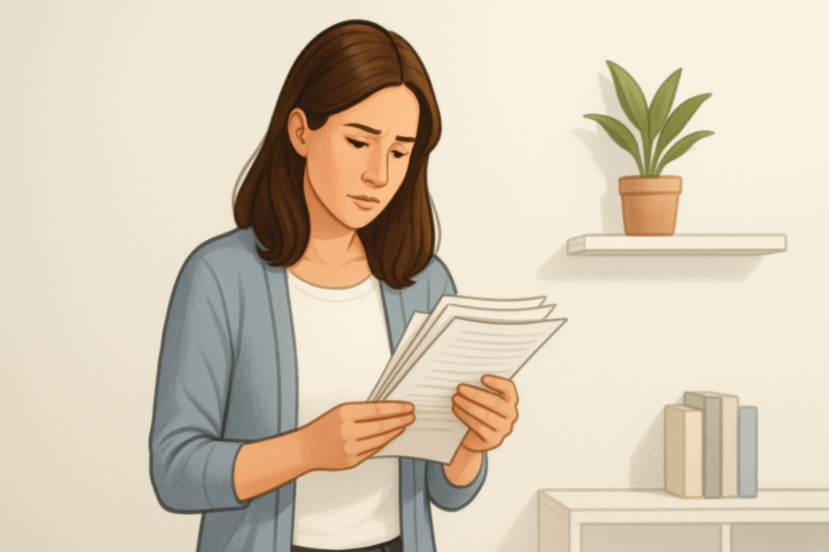 	A mother standing and reading a stack of papers — symbolising the process of navigating NDIS behaviour support for her child.