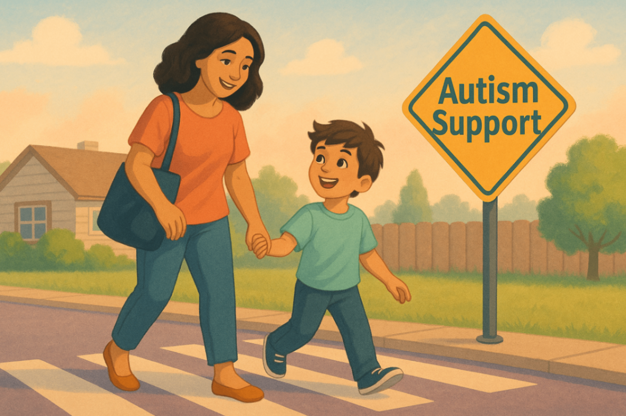 Navigating autism support under the NDIS – mother and child walking past autism support sign.