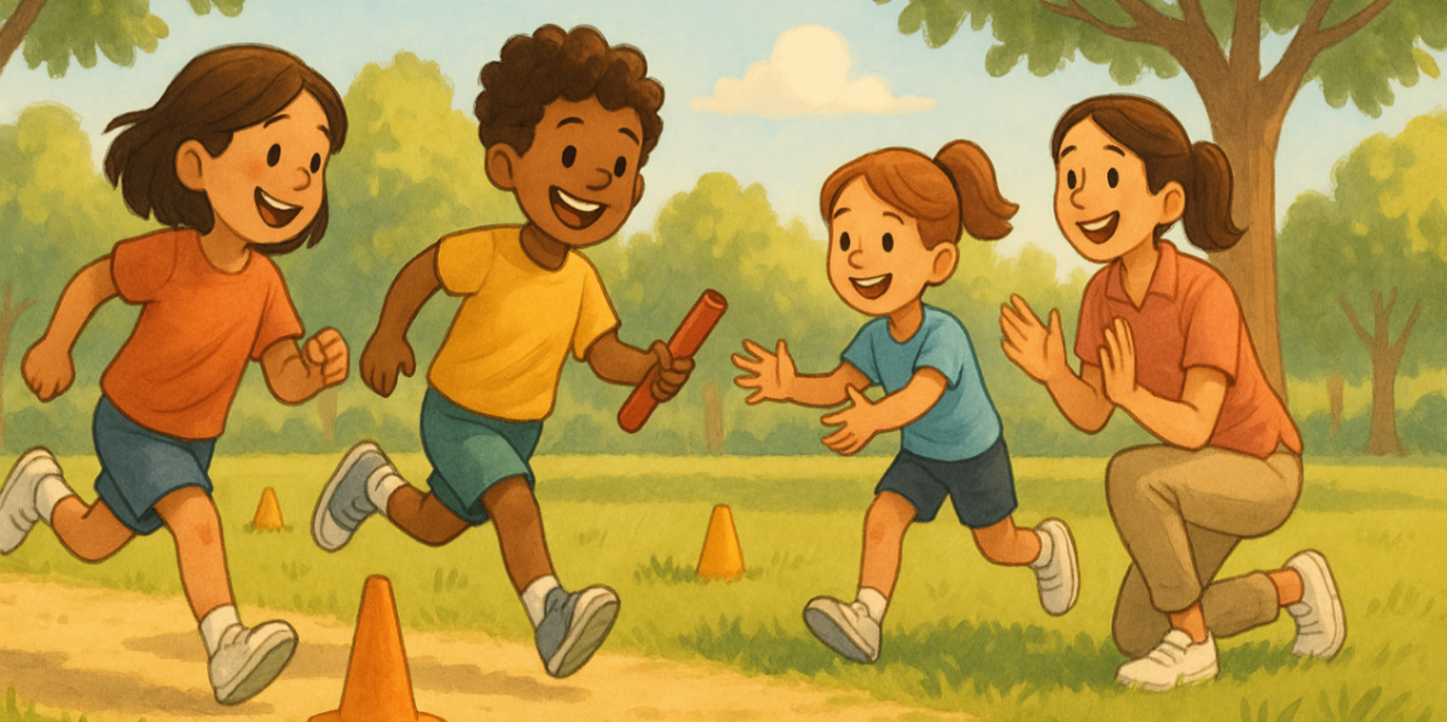 Children running a relay in the park with an exercise physiologist cheering, joyful