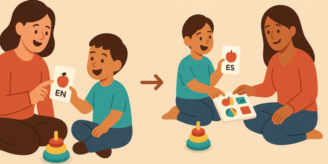 Split scene showing therapy play in one language and the same activity with a parent in a second language — carryover and generalisation