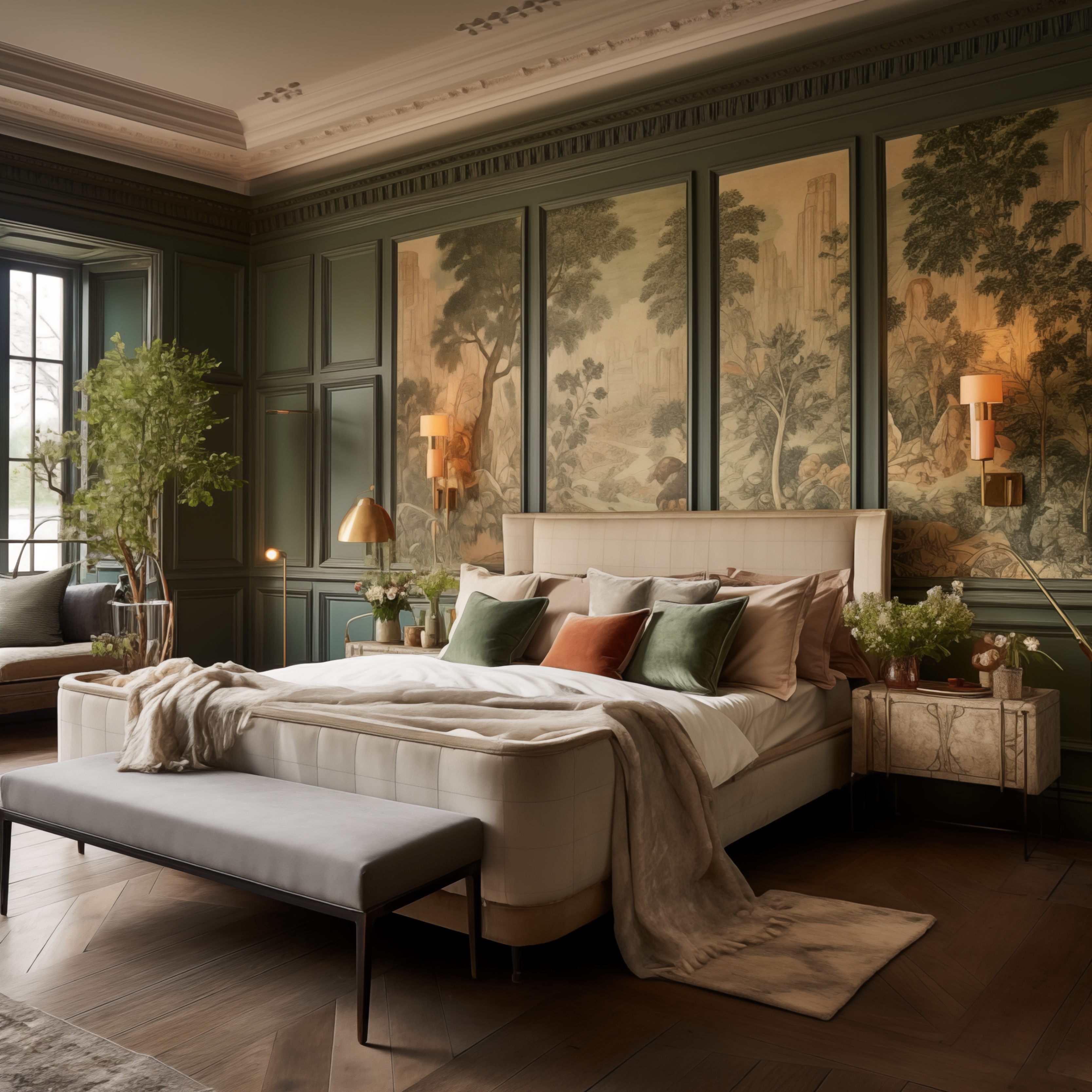Dark green bedroom with wall panelling