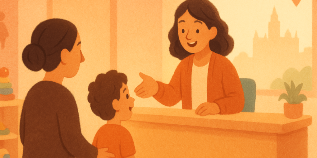 Welcoming Liverpool speech pathologist greeting a parent and child in a child-friendly clinic — local speech support.