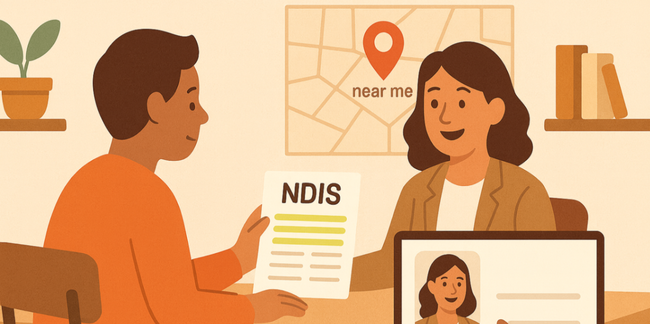 Parent meeting a friendly NDIS plan manager reviewing a highlighted plan with a 'near me' map pin — find NDIS plan manager.