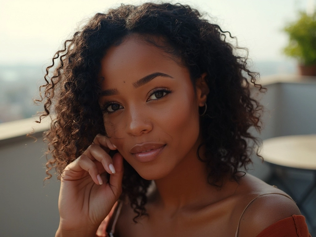 Confident African American woman with Sincerely4U knotless braided human hair wig, natural matte skin.