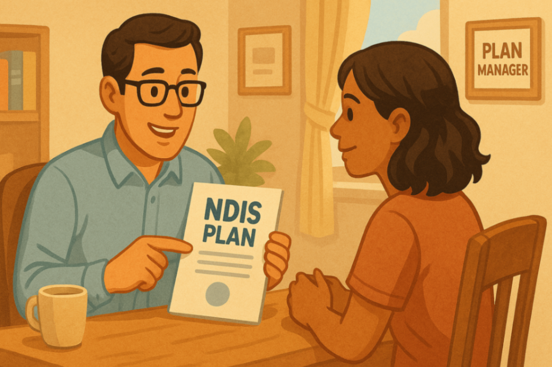 A mother chats with an NDIS plan manager via video call, reassured as they review a budget breakdown on-screen, while her child plays peacefully in the background—emphasising supportive communication.