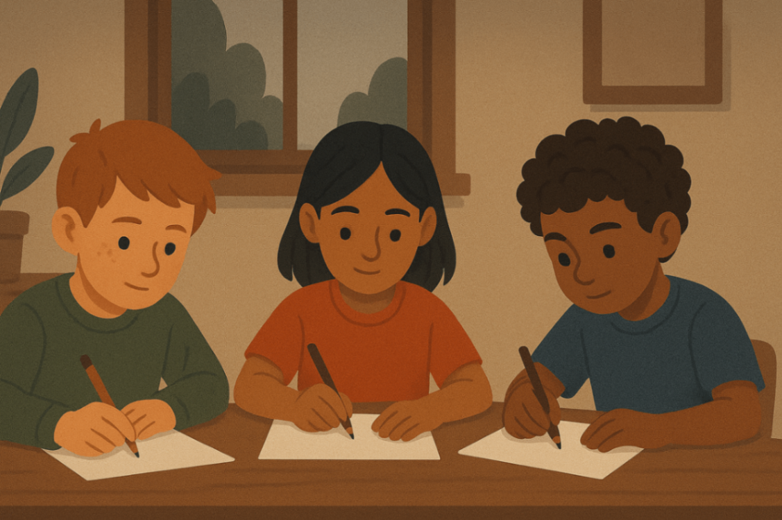 Three children focused on writing tasks, symbolising developmental assessments and learning needs that may lead to NDIS behaviour support.