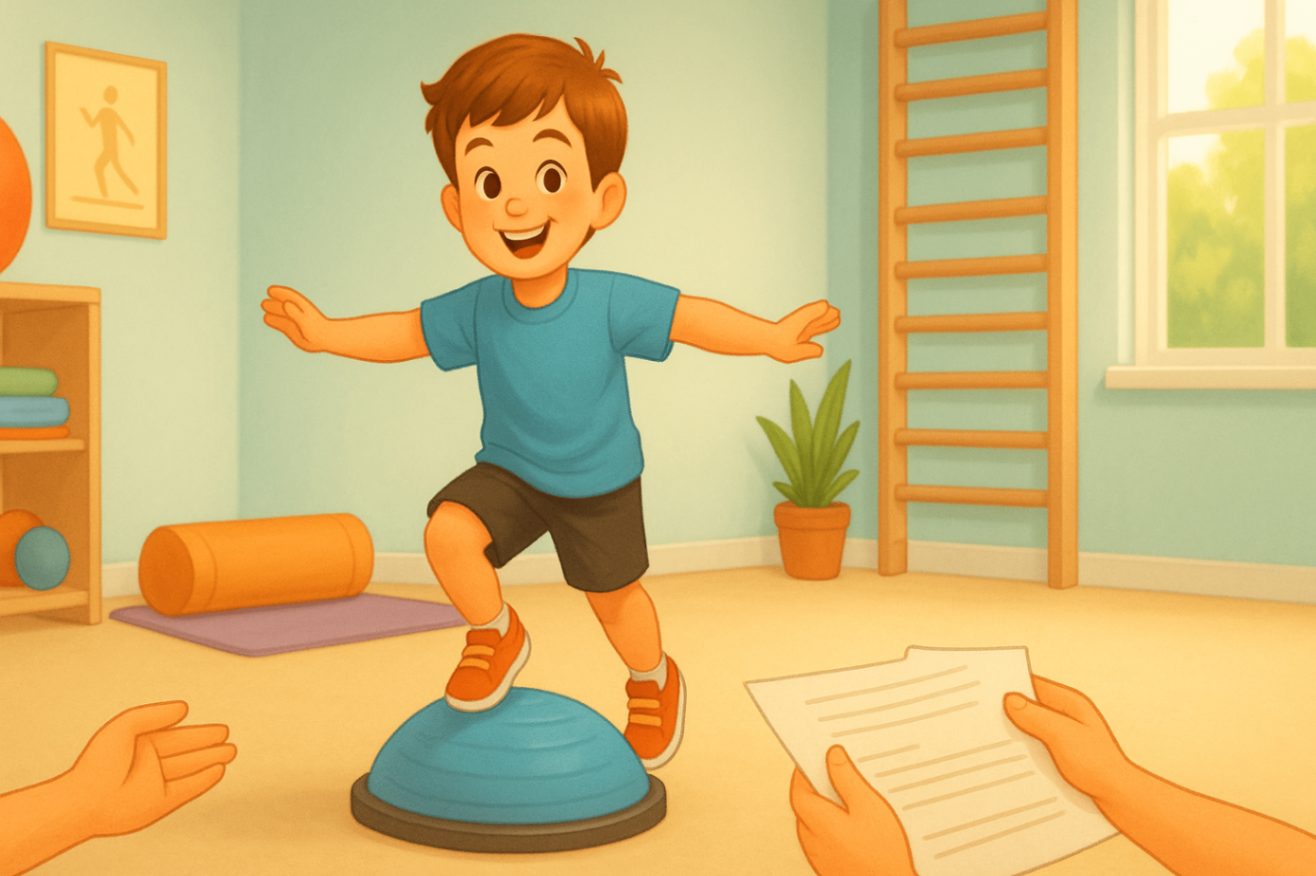 A young child smiling while exercising inside a bright therapy room — showcasing children’s exercise physiology in a safe, supportive setting.