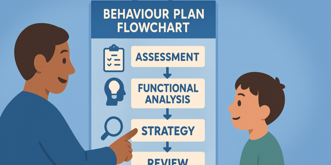 Poster-style flowchart showing Assessment → Functional Analysis → Strategy → Review — steps in a behaviour support plan