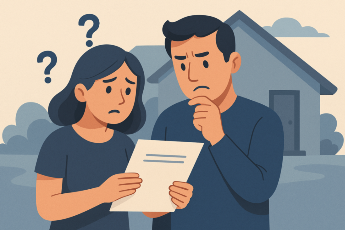 Parents standing outside their home looking confused while holding paperwork related to NDIS billing.
