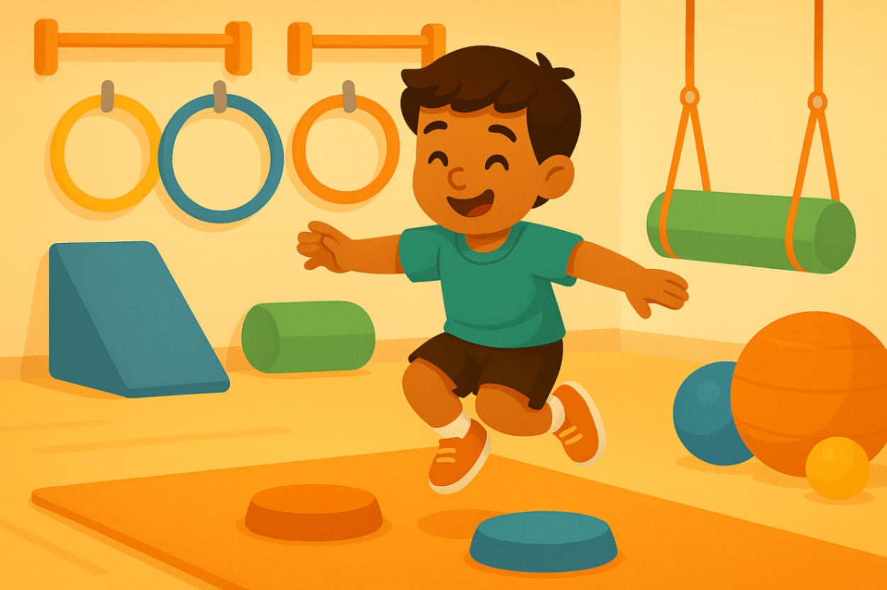 A child jumping in a clinic with kids’ exercise equipment, showcasing a supportive indoor setting for exercise physiology therapy.